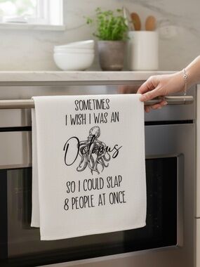 Source Unknown White Kitchen Towel with Black Octopus Quote